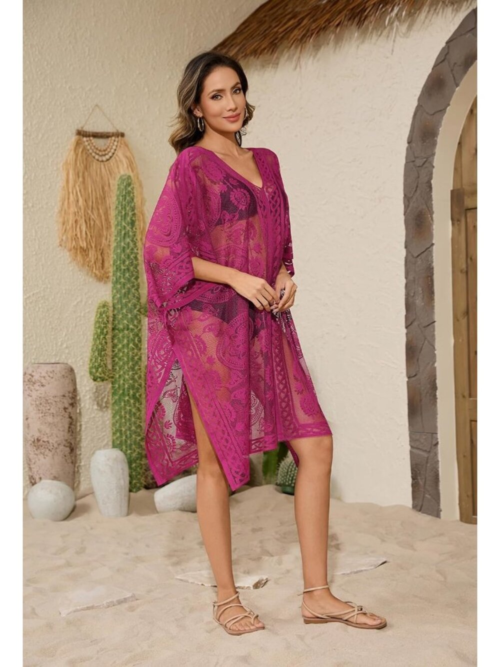 Women's Rose Red Cover Up Bathing Suit V-Neck & half kaftan sleeves - Picture 7 of 7